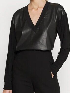 DKNY Black Faux Leather V-Neck Pullover Top
